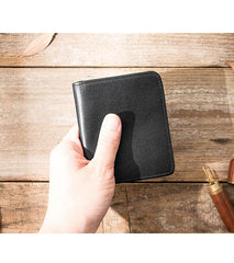 Black Cool Leather Mens Small Wallet billfold Wallet Bifold Vintage SLim Wallet for Men