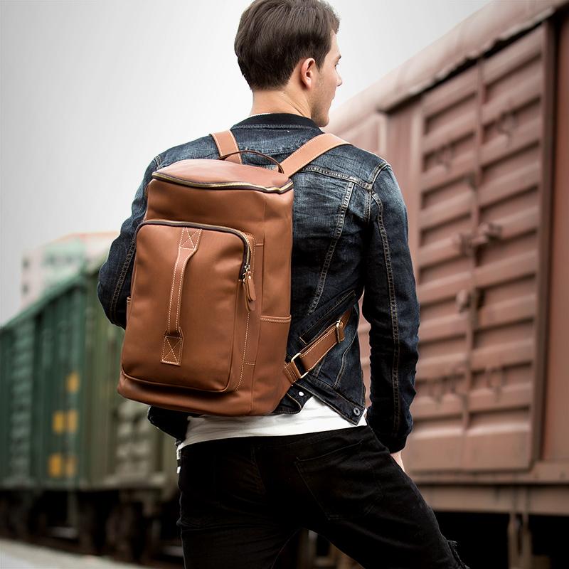 barrel backpack in leather Black Fashion Mens Leather 15-inch Computer Barrel Backpack Brown Trav –  iChainWallets