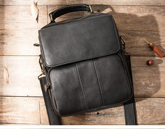 Black Leather Mens Vertical Small Briefcase Work Handbag Side Bag Business Shoulder Bag for Men