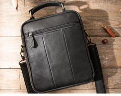 Black Leather Mens Vertical Small Briefcase Work Handbag Side Bag Business Shoulder Bag for Men