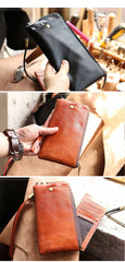 Black Leather Mens Long Wallet Zipper Clutch Wallet Brown Wristlet Long Wallet For Men
