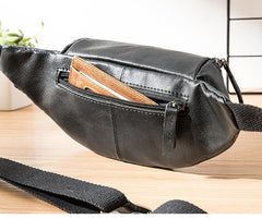 Black Mens Leather Fanny Packs Sling Bag Waist Bag Hip Pack Belt Bag Chest Bag for Men