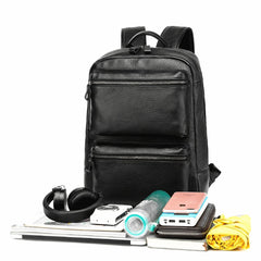 Black Leather Men's 14 inches Computer Backpack Large Travel Backpack Black Large College Backpack For Men