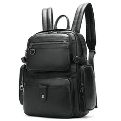 Black Leather Men's 14 inches Large Computer Backpack Large Black Travel Backpack Black Large College Backpack For Men