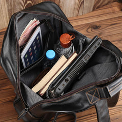 Black Leather Men's 15 inches Computer Backpack Travel Backpack Black Large College Backpack For Men