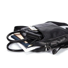 Black Leather Mens 12 inches Briefcase Work Bag Black Laptop Handbag Business Briefcase Shoulder Handbag for Men