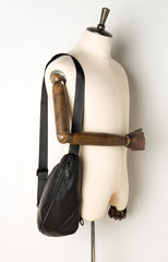 Black Leather Mens 8 inches Cool Sling Bags Crossbody Pack Black Chest Bag One Shoulder Pack for men