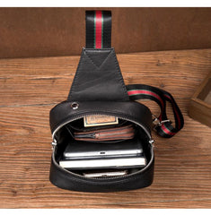 Cool Black Leather Mens Sling Bags Crossbody Pack Black Chest Bags One Shoulder Backpack for men