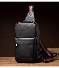 Cool Black Leather Mens Sling Bags Crossbody Pack Black Chest Bags One Shoulder Backpack for men