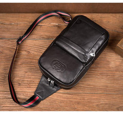 Cool Black Leather Mens Sling Bags Crossbody Pack Black Chest Bags One Shoulder Backpack for men