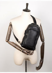 Black Leather Mens Cool Sling Bags Crossbody Pack Black One Shoulder Backpack Chest Bags for men