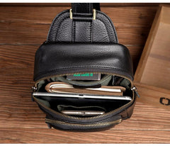 Black Leather Mens Cool Sling Bags Crossbody Pack Black One Shoulder Backpack Chest Bags for men