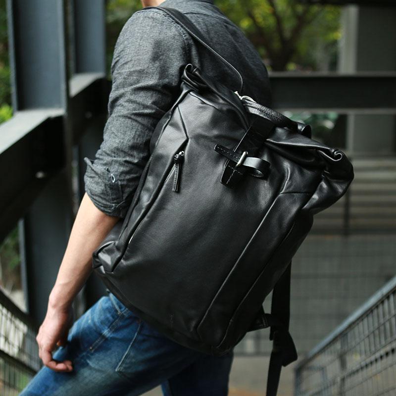 Black Leather Mens Backpacks Travel Backpacks Laptop Backpack for men