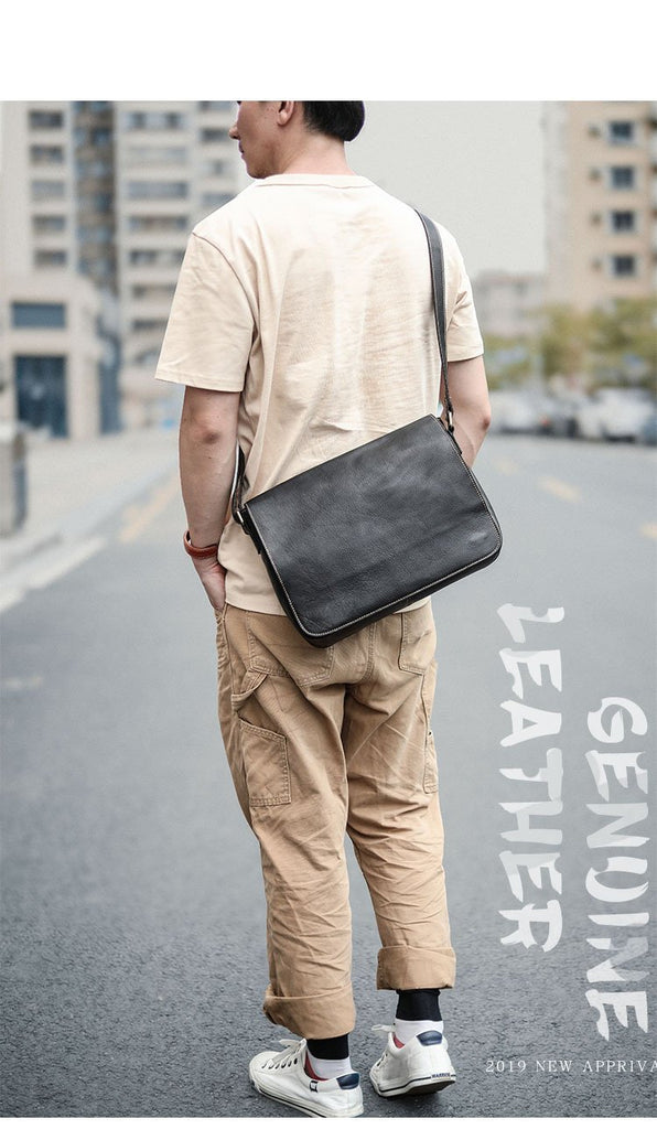 Casual Black Leather Mens 11 inches Courier Bags Messenger Bag Vintage –  iwalletsmen