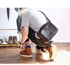 Black Leather Mens Casual Small Courier Bags Messenger Bag Dark Coffee Postman Bags For Men