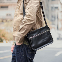 Black Leather Mens Casual Small Courier Bags Messenger Bag Coffee Brown Postman Bag For Men