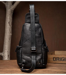Black Leather Mens Cool Crossbody Pack Sling Bags Black Sling Pack Chest Bag for Men