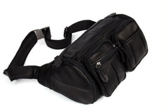 Black Leather Mens Cool Barrel Fanny Pack Hip Pack Bum Bag for men