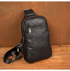 Black Leather Mens Cool Sling Bag Sling Pack Brown ONe Shoulder Backpack Chest Bag for men