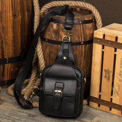 Black Leather Mens Cool Sling Bag Sling Pack Black Crossbody Packs Chest Bags for men