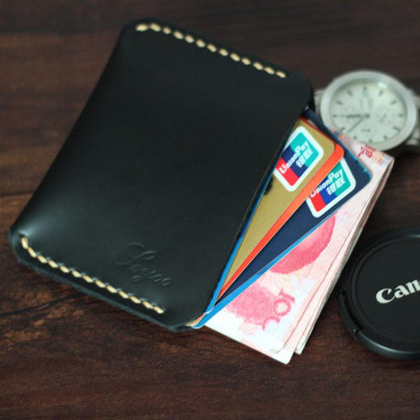 Black Leather Mens Slim Front Pocket Wallet Leather Small Wallets  for Men