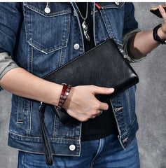 Black Leather Mens Brown Business Long Wallet Clutch Bag Wristlet Wallet For Men