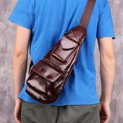 Dark Brown MENS LEATHER One Shoulder Backpack Sling Bag Coffee Chest Bag For Men