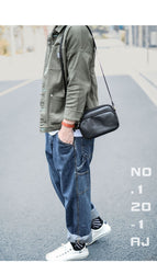 Black Leather Mens Small Courier Bag Messenger Bag Mini Postman Bag For Men