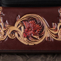 Black Tooled Leather Men's Bifold Long Zipper Wallet Clutch Bag Red For Women