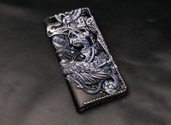 Black Handmade Tooled Indian Chief Skull Leather Mens Long Wallet Bifold Long Wallet For Men