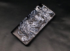 Black Handmade Tooled Indian Chief Skull Leather Mens Long Wallet Bifold Long Wallet For Men