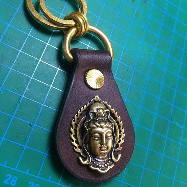 Coffee Biker Leather Brass Keyring Moto KeyChain Guanyin Leather Keyring Moto Cross Key Holders Key Chain Key Ring for Men