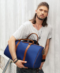 Blue Nylon Leather Mens Travel Bag Weekender Bag Sports Shoulder Bag Large Travel Bag for Men