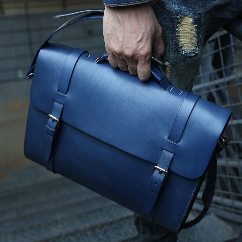 Blue Leather Mens Briefcase Messenger Bag Handbag Shoulder Bag for