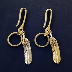 Brass Feather Keyring Moto KeyChains Feather Hook Keyrings Moto Key Holders Key Chain Key Rings for Men