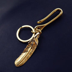 Brass Feather Keyring Moto KeyChains Feather Hook Keyrings Moto Key Holders Key Chain Key Rings for Men