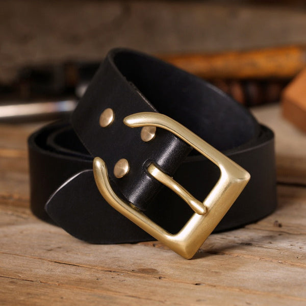 Handmade Mens Black Leather Belt Mens Brass Square Minimalist Handmade Leather Belts for Men