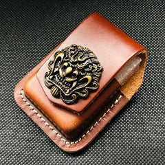 Brown Handmade Leather Mens Chinese Lion Zippo Lighter Holders Lighter Case For Men
