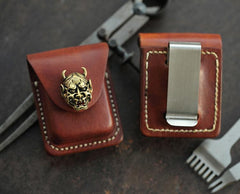 Brown Handmade Leather Mens Zippo Lighter Case With Belt Loop Coffee Zippo Standard Lighter Holders Steel Clip For Men