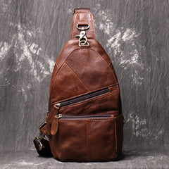 Brown Leather Backpack Men's Sling Bag Chest Bag Brown One shoulder Backpack Sling Pack For Men