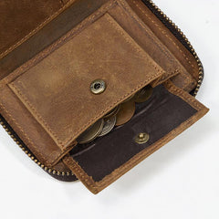Brown Zip Leather Billfold Wallet for Men Bifold Wallet Vertical Zip Leather Small Wallet For Men