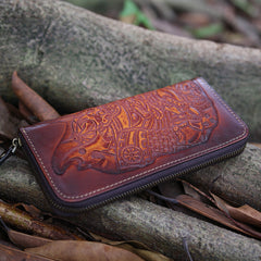 Brown Leather Japanese Samurai Tooled Zip Wallet Handmade Clutch Wallet for Men