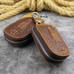 Brown Leather Men's Car Key and Oval Wallet Zipper Car Key Case Car Holder For Men