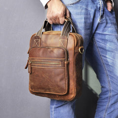 Vintage Brown Leather Mens Vertical Work Bag Handbag Vertical Briefcase Shoulder Bag For Men