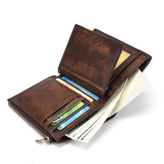 Brown MENS LEATHER Bifold Wallet Short Wallet Card Wallet Dark Brown Coin Wallet FOR MEN