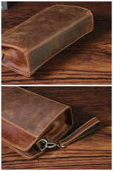 Vintage Brown Mens Clutch Wallet Leather Zipper Clutch Wristlet Purse Bag Clutch Bags For Men