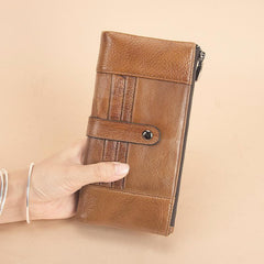 Brown Leather Long Wallet for Men Bifold Checkbook Wallet Card Holders Wallet For Men