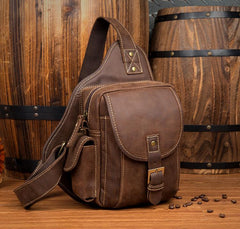 Casual Brown Leather Mens Sling Packs Sling Bag Chest Bag One Shoulder Backpack for Men