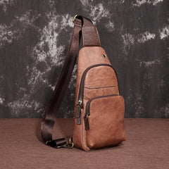 Brown Cool LEATHER MENS 8 inches Sling Bag Yellow One Shoulder Backpack Gray Chest Bag For Men