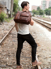 Cool Brown Leather 16 inches Travel Briefcase Side Bag Travel Handbag Luggage Bag for Men